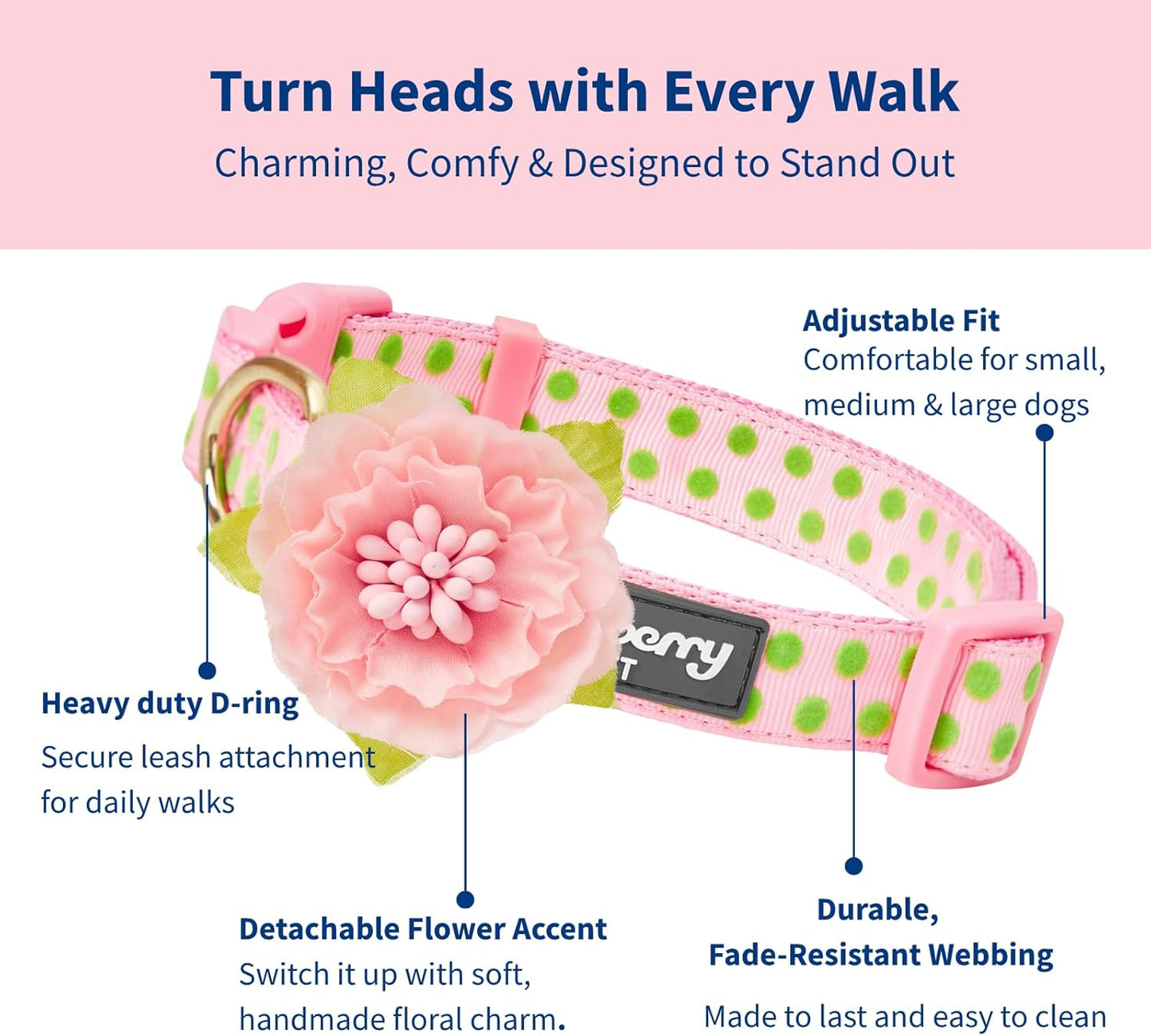 Adjustable Flocking Dog Collar with Silk Flower, Pink Dog Collar for Girls, Medium, 14.5"-20" Neck, 3/4" Width, Girl Dog Collars for Small Dogs