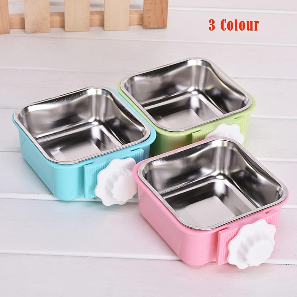 Crate Dog Bowl,Removable Stainless Steel Water Food Feeder Bowls Crate Coop Cup,Pet Cage Bowls with Bolt Holder for Cat, Puppy, Birds, Rats, Rabbits Small Animals ((Blue+Green+Pink) Square, Samll)