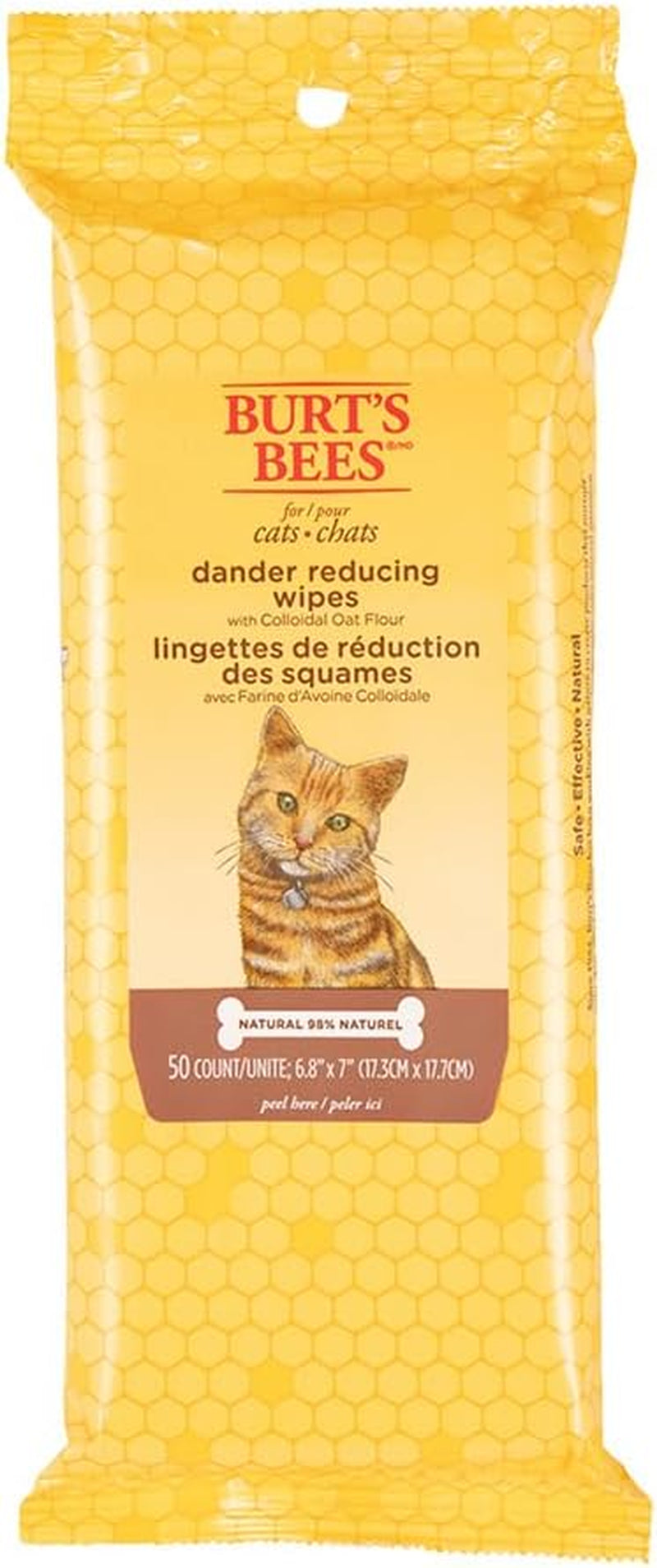 Burts Bees for Pets Cat Dander Remover Wipes, Unscented, 50 Count | Colloidal Oat Flour and Aloe Soothe Dry Skin and Reduce Flaking, Gentle Grooming for Cats and Kittens