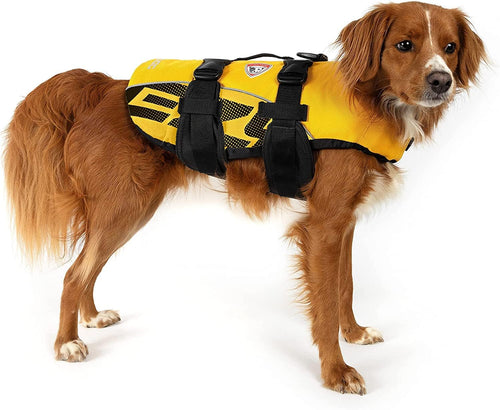 DFD Dog Life Jacket, Dog Life Vest for Swimming - Medium, Yellow | Adjustable Dog Swim Vest, Padded Neoprene Straps, Grab Handle, 50% More Flotation Material, Reflective Trim, Stays Upright