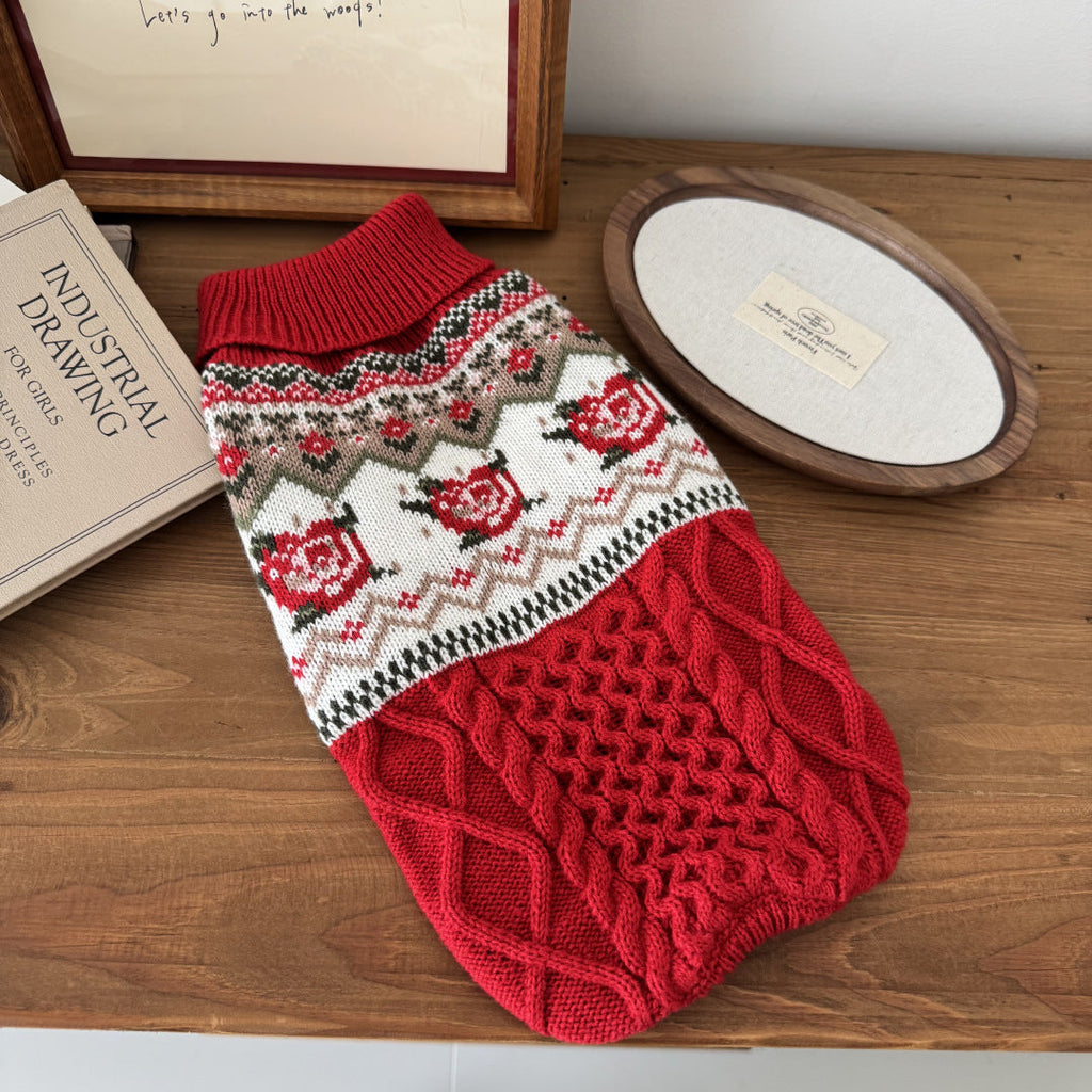 Retro Pet Sweater With New Year Roses Pattern