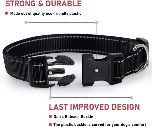 Reflective Dog Collar with Buckle Adjustable Safety Nylon Collars for Small Medium Large Dogs, Black M | Breathable, No Chafing on Walks and Outdoor Hikes, Metal D-Ring, Night Safety