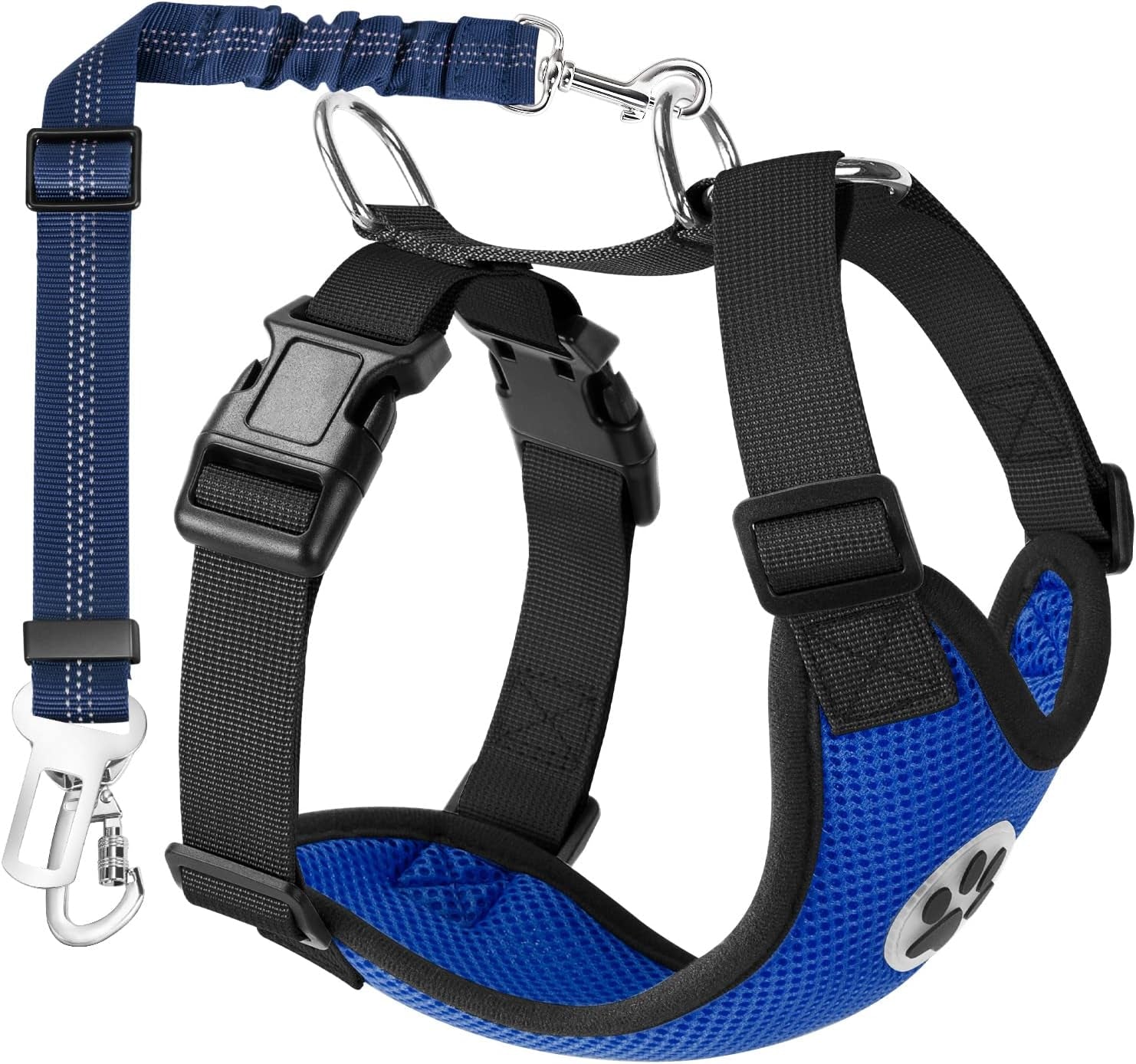Dog Car Harness Seat Belt, Dual Connection Seatbelt Plug & Latch | Breathable Soft Padded Mesh Vest, Adjustable, Reflective, Elastic Tether Safe Travel for Small Medium Large Dogs (Blue, M)