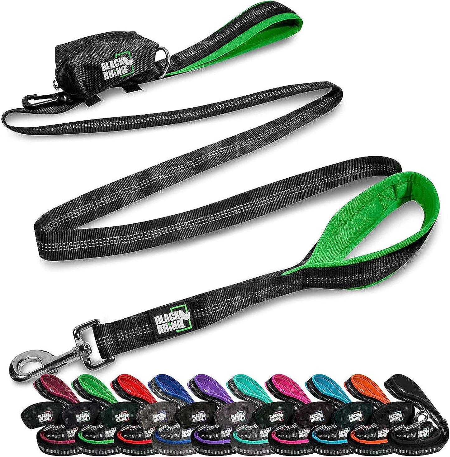 6 Ft Long Heavy Duty Dog Leash with Traffic Handle for Medium and Large Dogs - Padded Neoprene Dual Handles, Bag and Clip - Reflective, Durable, and Weather Resistant - Green