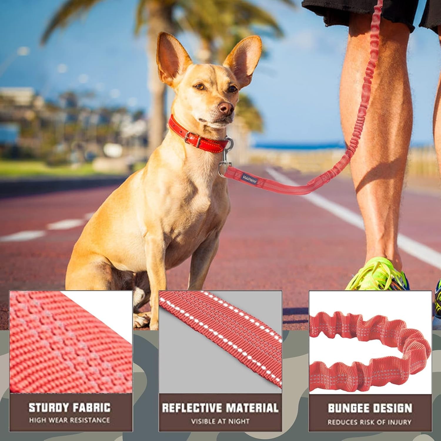 Heavy Duty Bungee Dog Leash for Large Breed Dogs, No Pull for Shock Absorption with Car Seat Belt, 2 Padded Handles 4.5Foot 6Foot Training Dog Leash Red