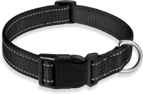 Reflective Dog Collar with Buckle Adjustable Safety Nylon Collars for Small Medium Large Dogs, Black M | Breathable, No Chafing on Walks and Outdoor Hikes, Metal D-Ring, Night Safety