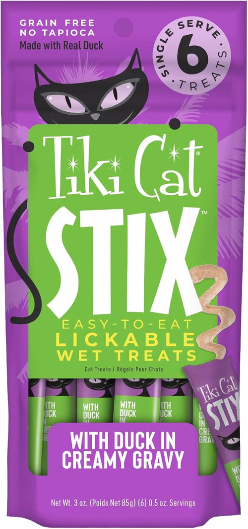 Tiki Cat Stix Mousse Treats, Single Serve Indulgent Lickable Treat or Dry Food Topper, with Duck in Creamy Gravy, 3 Oz. Pouch