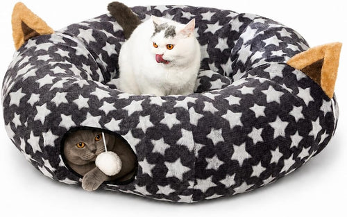 Large Cat Tunnel Bed under Christmas Tree with Fluffy Toy Balls, Small Cushion and Flexible Design- 10 Inch Diameter, 3 Ft Length- Great for Cats, and Small Dogs, Gray Star Pattern