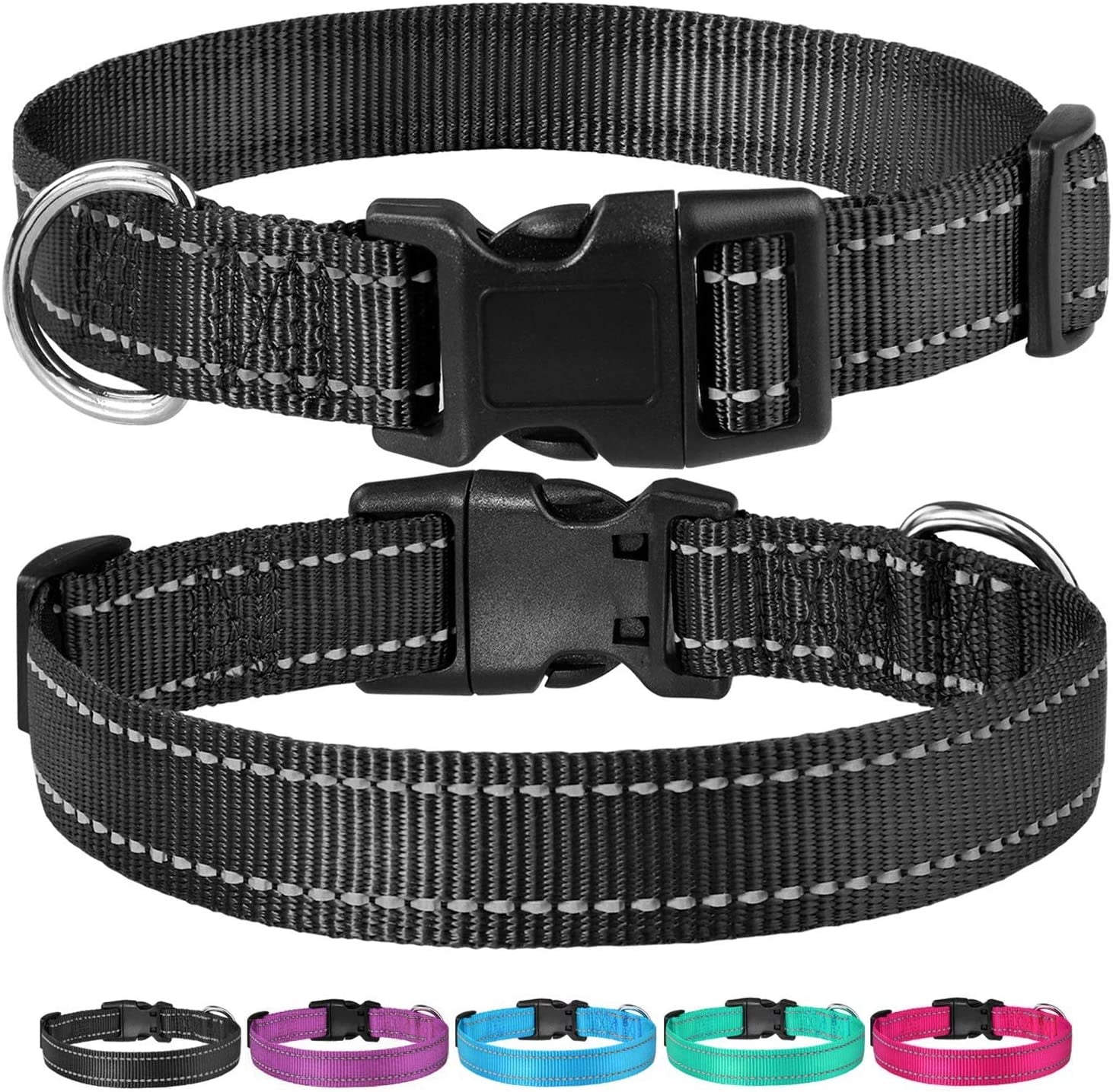 Reflective Dog Collar with Buckle Adjustable Safety Nylon Collars for Small Medium Large Dogs, Black M | Breathable, No Chafing on Walks and Outdoor Hikes, Metal D-Ring, Night Safety