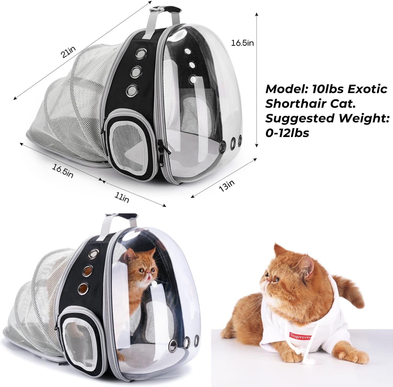 Cat Carrier Backpack, Expandable Bubble Pet Carrier for Cats and Small Dogs, Airline Approved Travel Backpack for Hiking, Walking & Outdoor Adventures - Supports up to 14 Lbs
