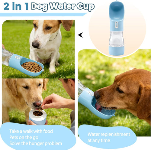 Portable Dog Water Bottle with Food Container Dishwasher Safe-Blue | 3 IN1 Drinking Bottle for Pet Puppy Outdoor Walking Hiking Travel | BPA Free Leak Proof Dog Water Dispenser with Bowl