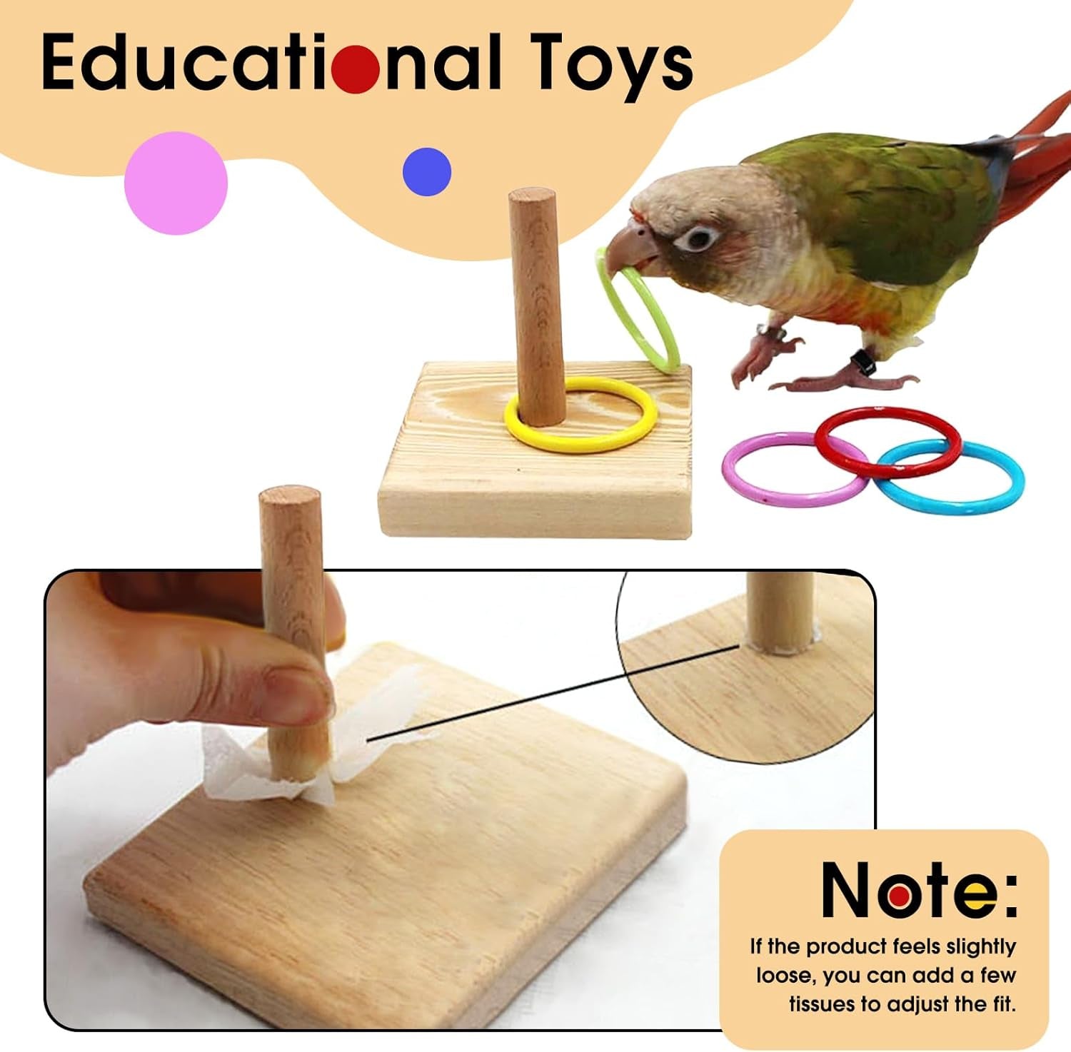 Bird Tabletop Toy, Parrot Activity & Training Trick Color Ring Toys | Budgie Natural Wood Training Gym, Sturdy Chewed Rings, Educational Stacking Playing Toy for Conure Cockatiel, Easy to Install