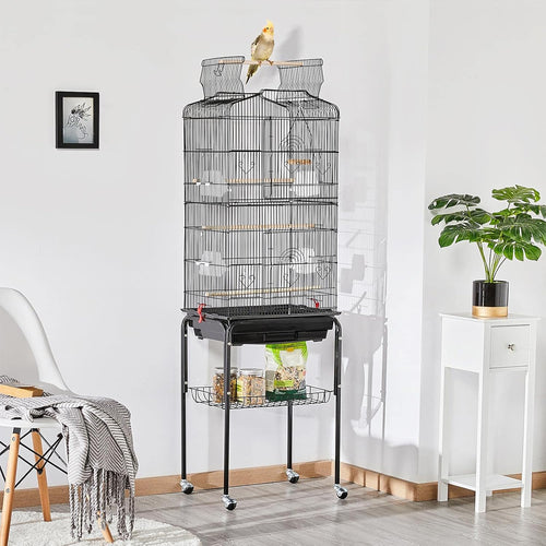 Yaheetech 64'' Open Top Bird Cage for Parakeets & Cockatiels, Black | Detachable Rolling Stand, Easy-Clean Slide Tray, Multi-Door Access, 3/8" Bar Spacing, Indoor/Outdoor Use