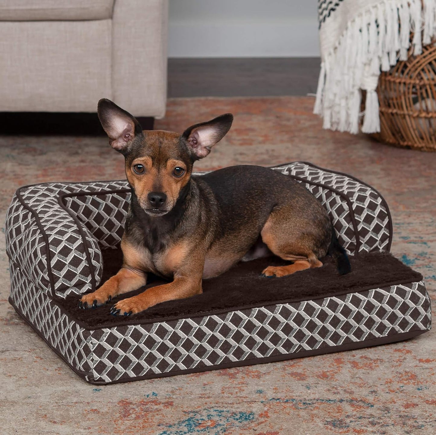 Orthopedic Dog Bed for Small Dogs W/ Removable Bolsters & Washable Cover, for Dogs up to 20 Lbs - Plush & Woven Decor Comfy Couch Sofa - Diamond Brown, Small