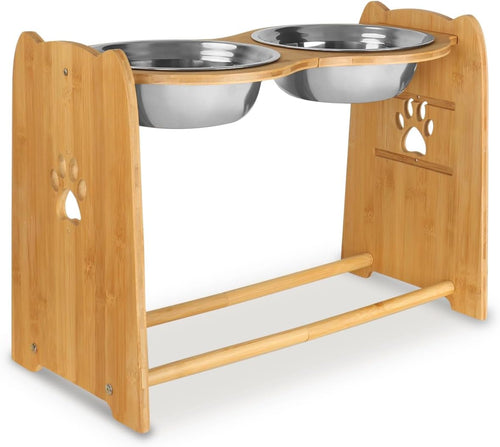 Elevated Dog Bowls for Cats and Dogs, Adjustable Bamboo Raised Dog Bowls for Large Dog, Food and Water Stand Feeder with 2 Stainless Steel anti Slip Feet (Height 7.9" to 11.4" to 15")…