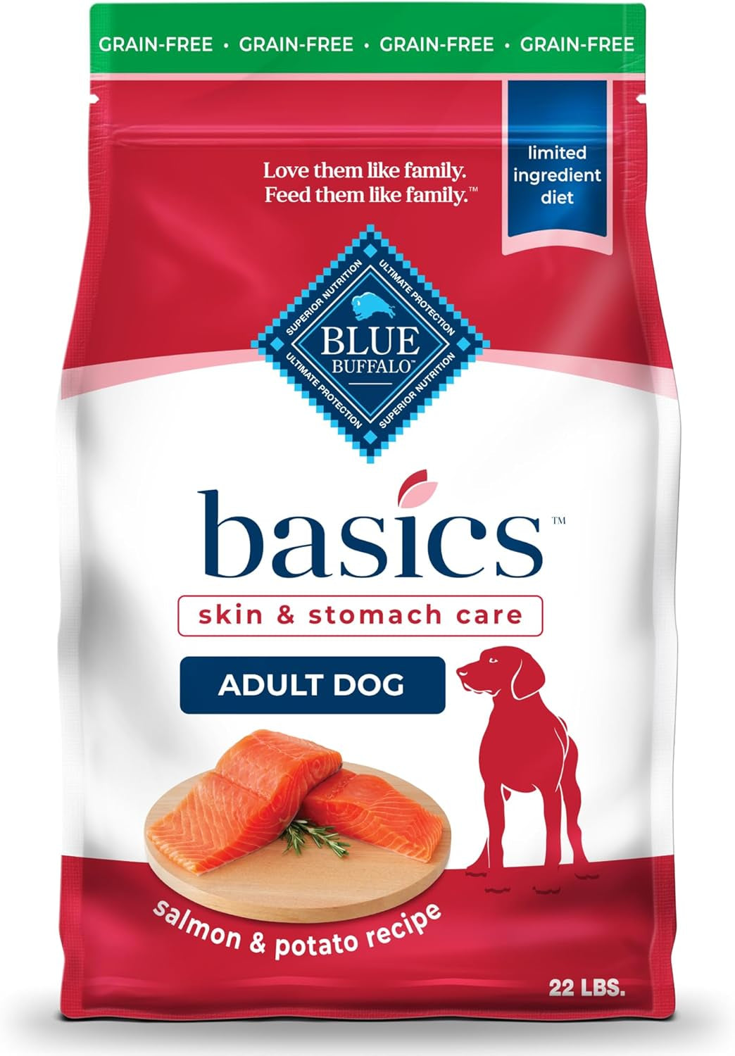 Basics Salmon Adult Grain-Free Dry Dog Food, 22 Lb | Skin & Stomach Care, Real Salmon #1 Ingredient, Limited Ingredient Diet, Antioxidant-Rich Lifesource Bits, Skin & Coat Health