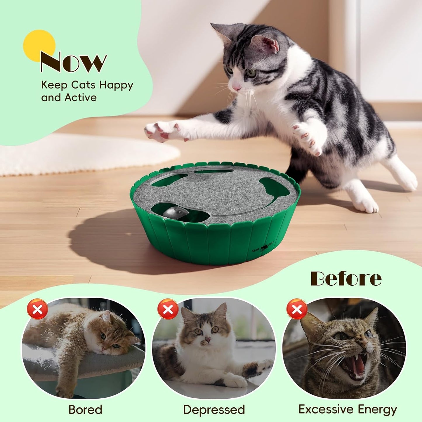 Interactive Cat Toy with Running Mouse, Automatic Track Kitten Toy | Electronic Motion Cat Toy for Indoor Cats, Pop and Play Hide Seek Cats Toys Hunting Mouse for Kitty Play Exercise, Green
